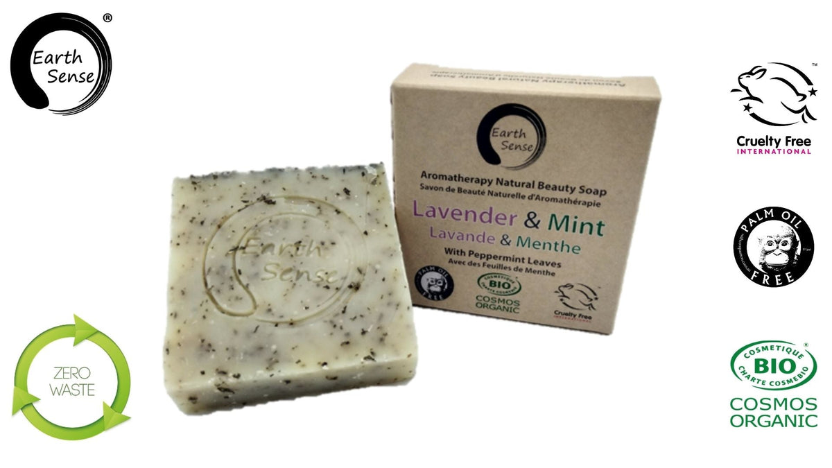 Savon solide bio certifié – Lavande & menthe avec feuilles de menthe – 90 g